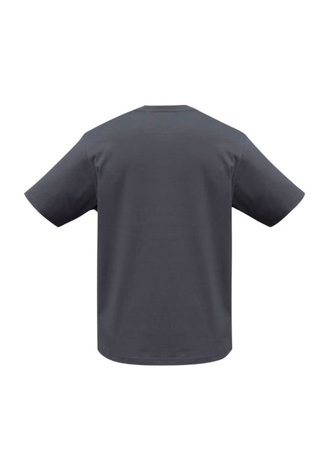 A grey short sleeve t-shirt with a relaxed fit, displaying a plain back design and a logo.