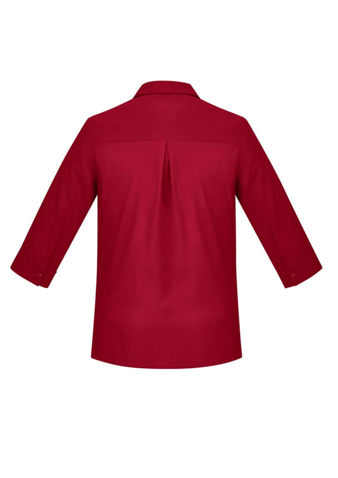 A red women's button-up shirt with 3/4 sleeves and a back pleat, featuring a collar and button cuffs.