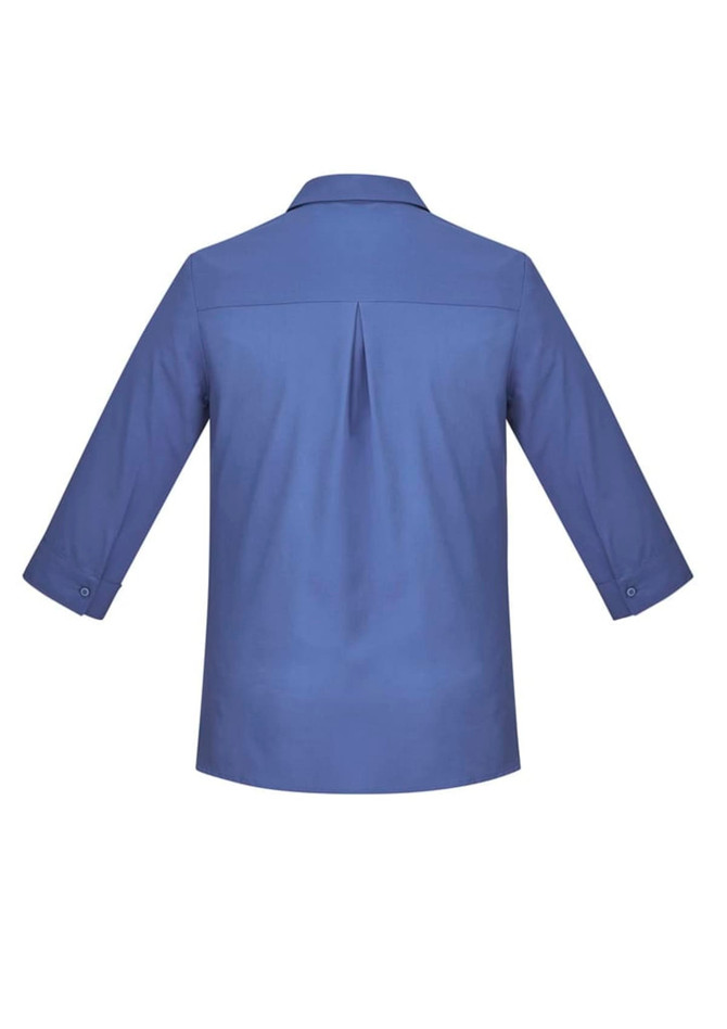 A blue women's button-up shirt with 3/4 sleeves and a back pleat, featuring a collar and cuffed sleeves.