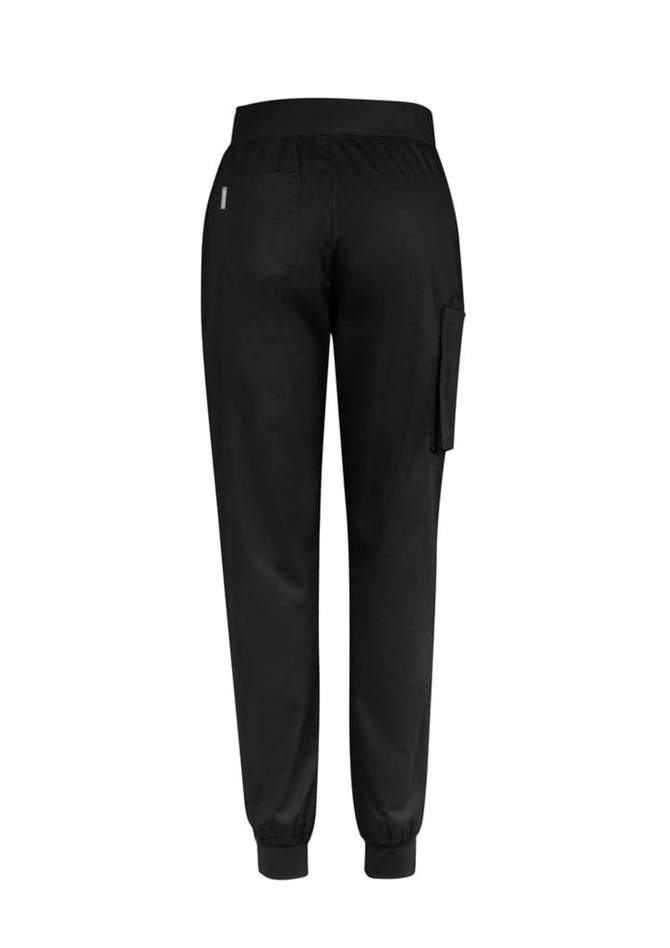 A pair of black slim leg jogger scrub pants featuring an elastic waistband and side pockets.
