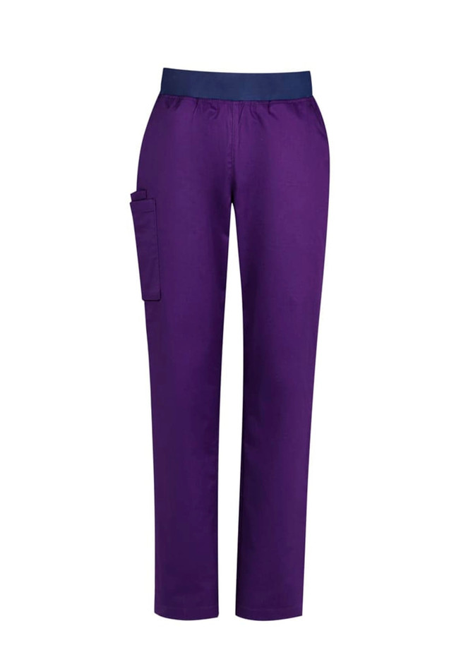 Purple straight leg scrub pants with a navy waistband and a side pocket. The design is tailored for women's uniforms.