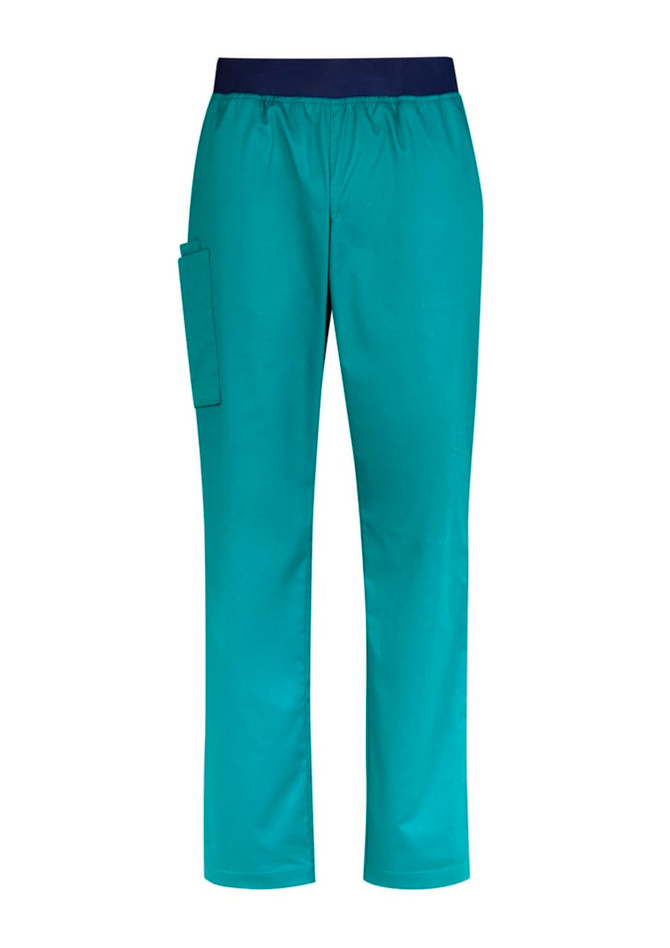 Teal straight leg scrub pants with a navy elastic waistband and a side pocket. Includes a logo on the waistband.
