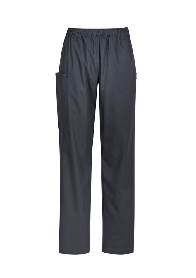 Women's Tokyo scrub pants in dark grey with an elastic waistband and side pockets. Features branding.