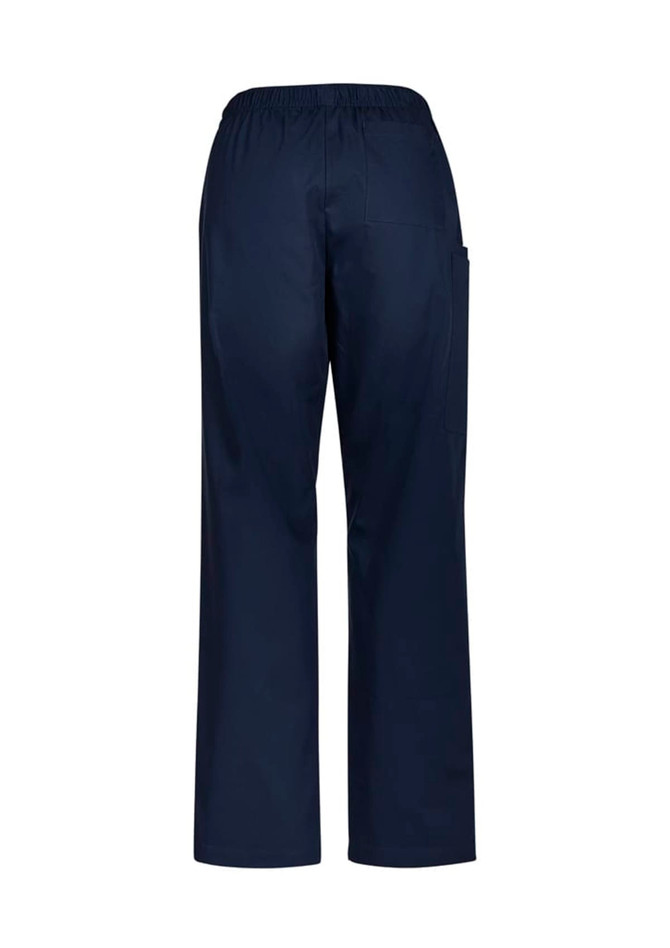 Navy blue women's scrub pants featuring a relaxed fit and an elastic waist, with a pocket on one side.