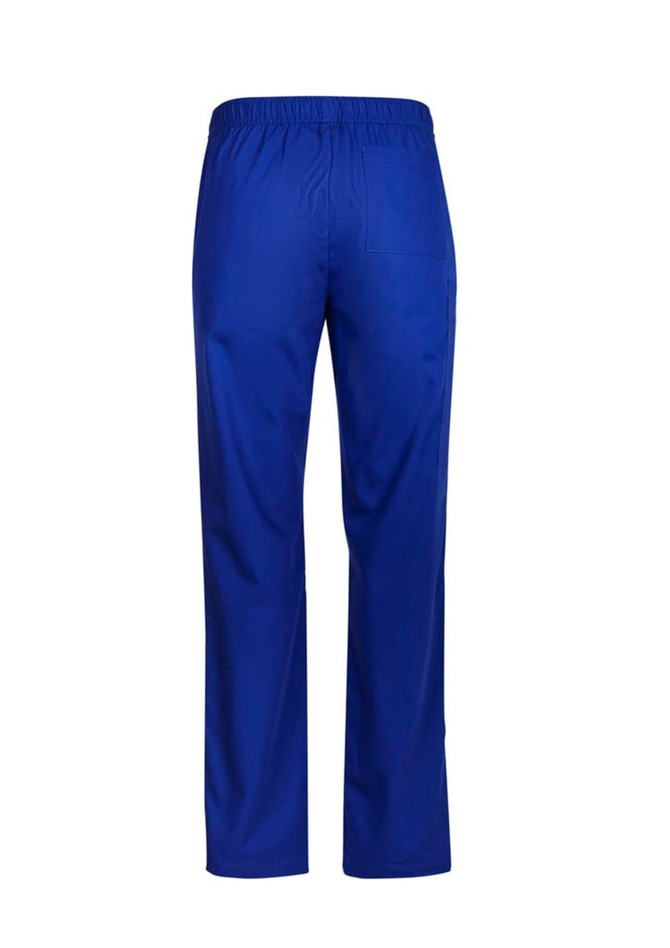 Blue men's scrub pants with an elastic waistband and back pocket, featuring a logo on them.
