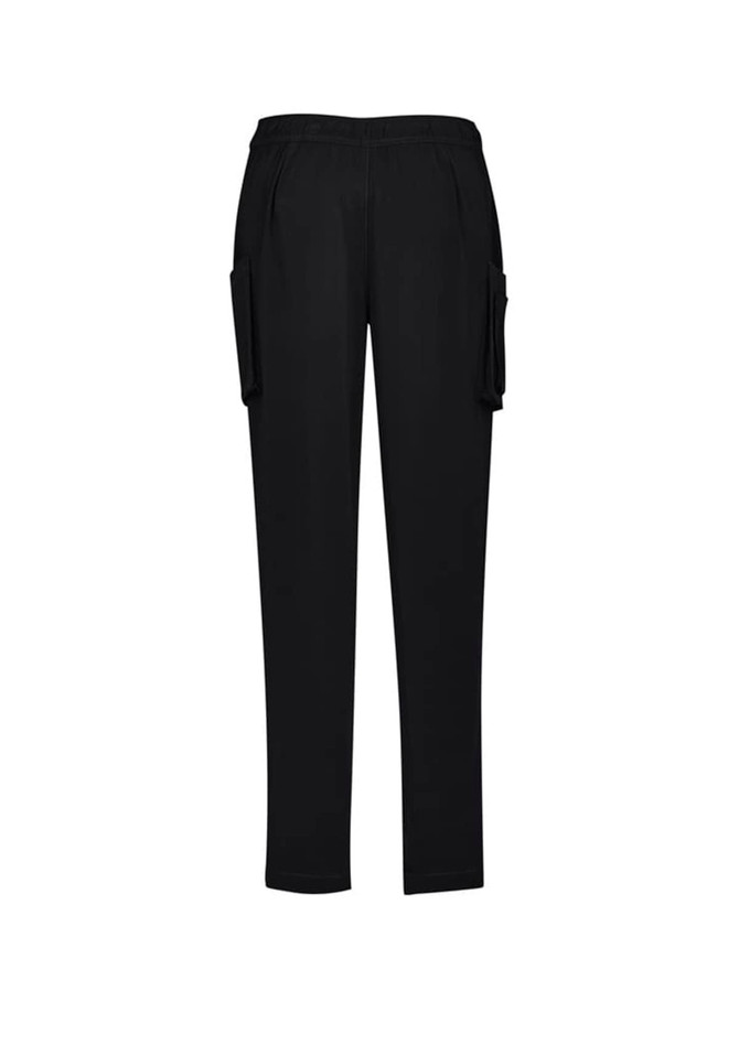 Slim leg scrub pants in black, featuring side pockets and an elastic waistband. Includes branding on the waistband.