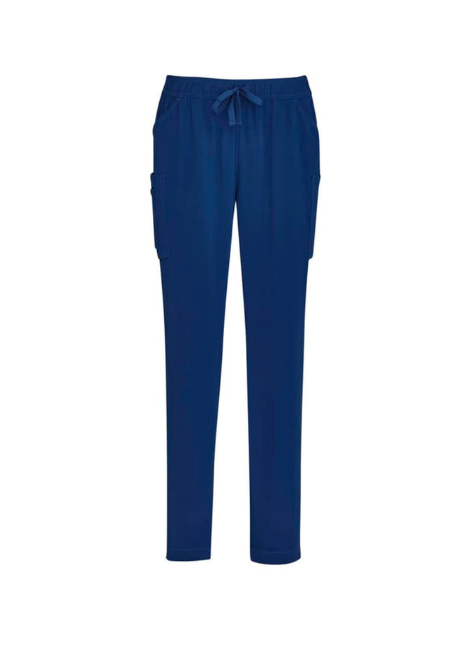 Navy blue women's slim leg scrub pants with pockets and a drawstring waist. Includes branding details.