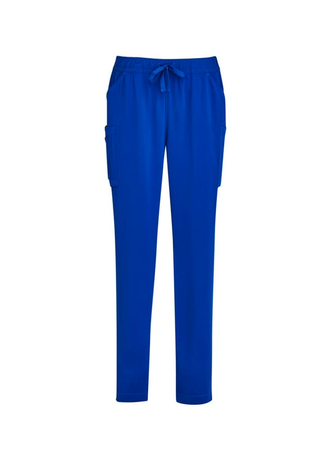 Bright blue women's Avery slim leg scrub pants featuring side pockets and an elastic waistband with a drawstring.