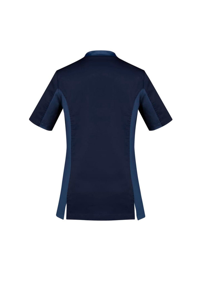 A women's scrub top in navy blue with short sleeves and side panels. The top features a logo.