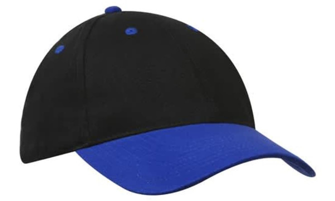 A black cap with a blue peak and stitching, featuring a logo on the front.