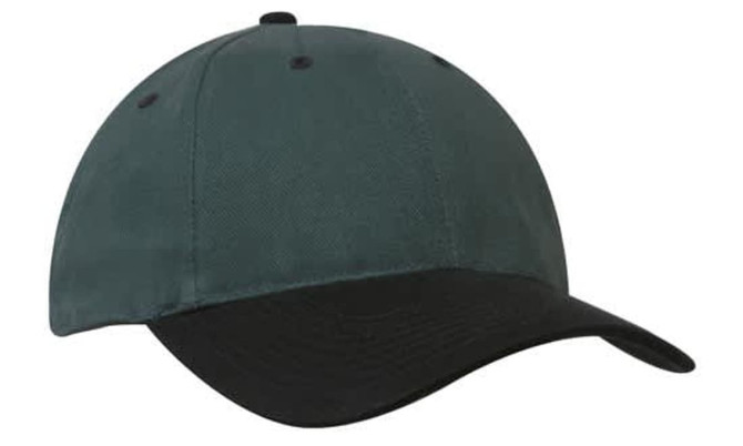 A dark green cap with a black peak and an embroidered logo on the front. 