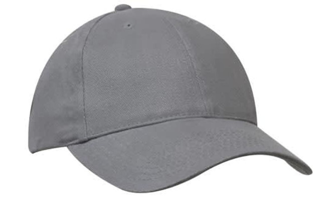A grey brushed heavy cotton cap featuring a rounded crown and a curved brim. It includes a logo on the side.