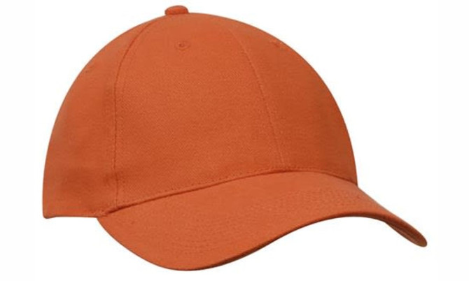 An orange brushed heavy cotton cap with a curved peak and a logo on the front.