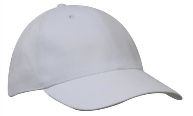A white brushed heavy cotton cap with a curved peak and a logo on the side.