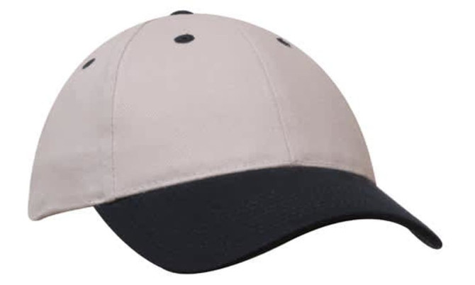 A two-tone cap featuring a beige crown and a black peak. The cap has an adjustable strap and a logo.