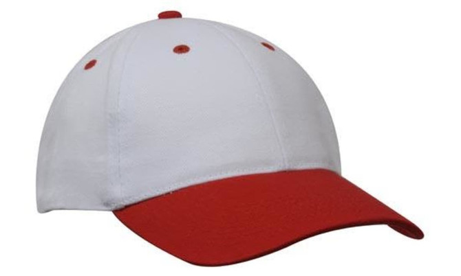 A red and white brushed heavy cotton cap with a curved visor and a logo on the front.