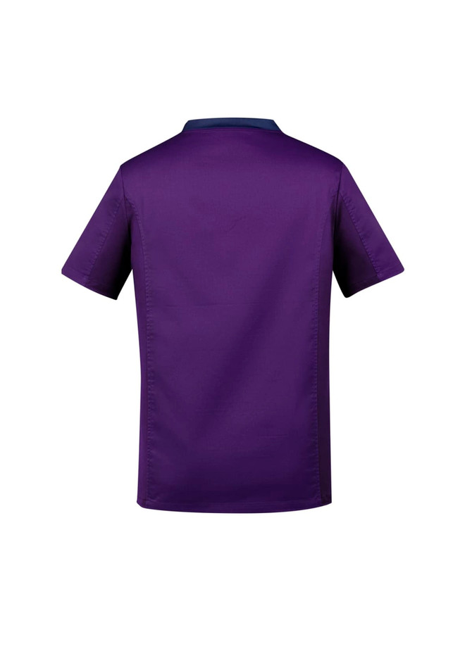 A purple men's scrub top featuring a simple design and a collar, with branding visible on the back.