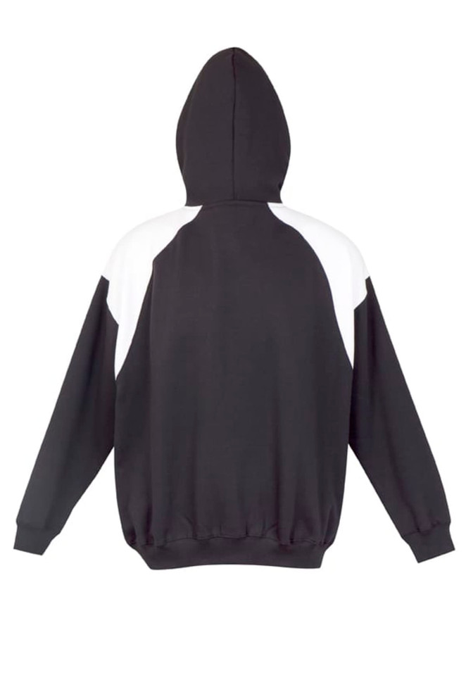 A black hoodie featuring white contrast panels on the shoulders and a hood, with a relaxed fit.