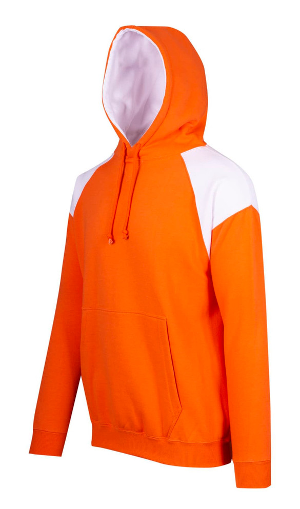 An orange hoodie with white contrast panels and a front pocket, featuring a hood and drawstrings.