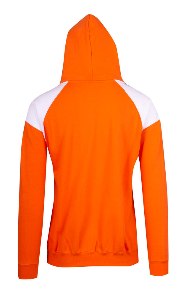 An orange hoodie featuring contrasting white panel details, with a hood and a ribbed hem. It has a logo on it.