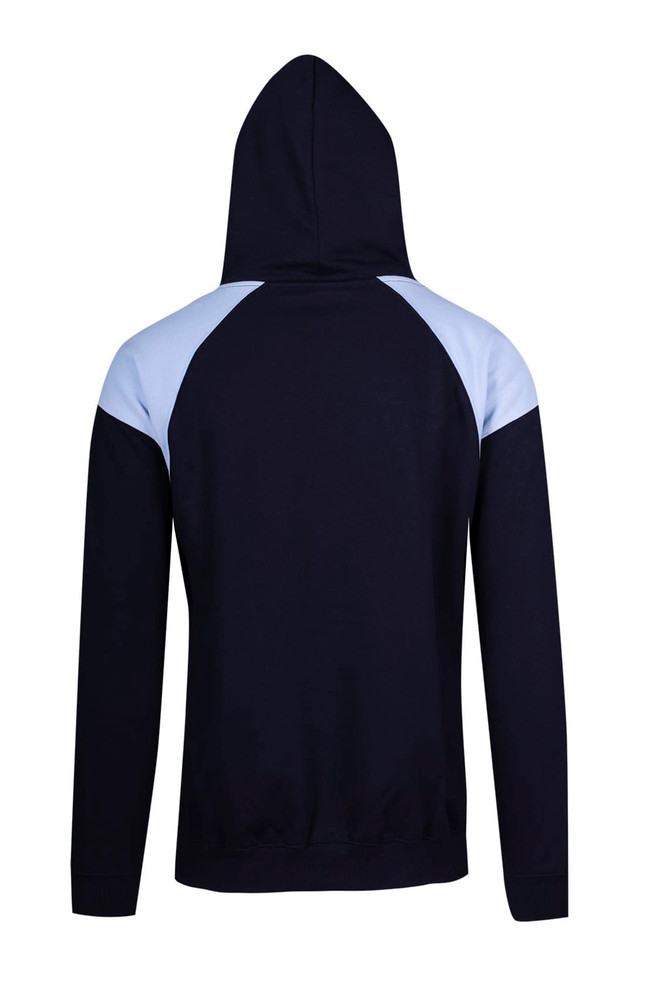 A navy hoodie featuring light blue contrast panels on the shoulders and a hood. Includes a logo.