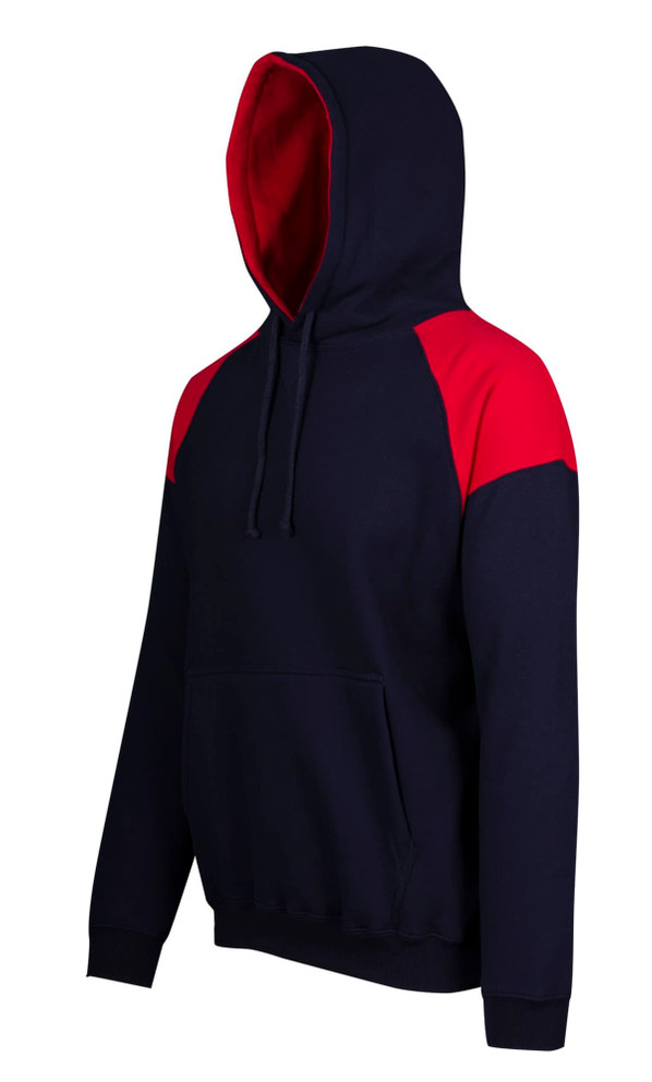 A navy and red men's hoodie featuring contrast panel detailing and a front pocket. It includes a hood and has a logo.