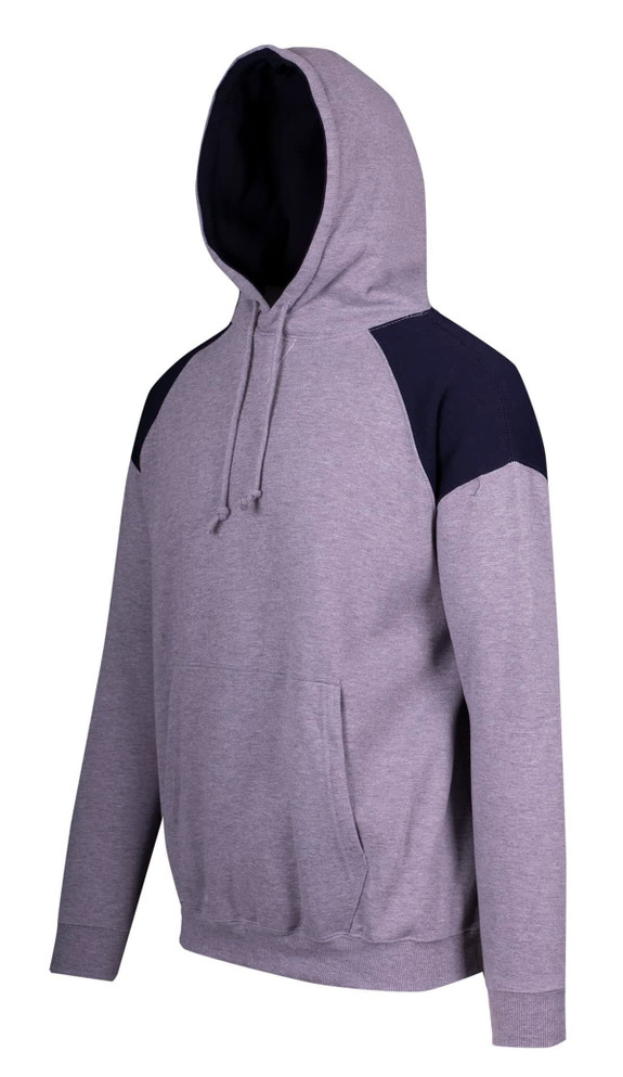 A grey hoodie with navy shoulder contrast panels and a front pocket. Features a drawstring hood and a logo.