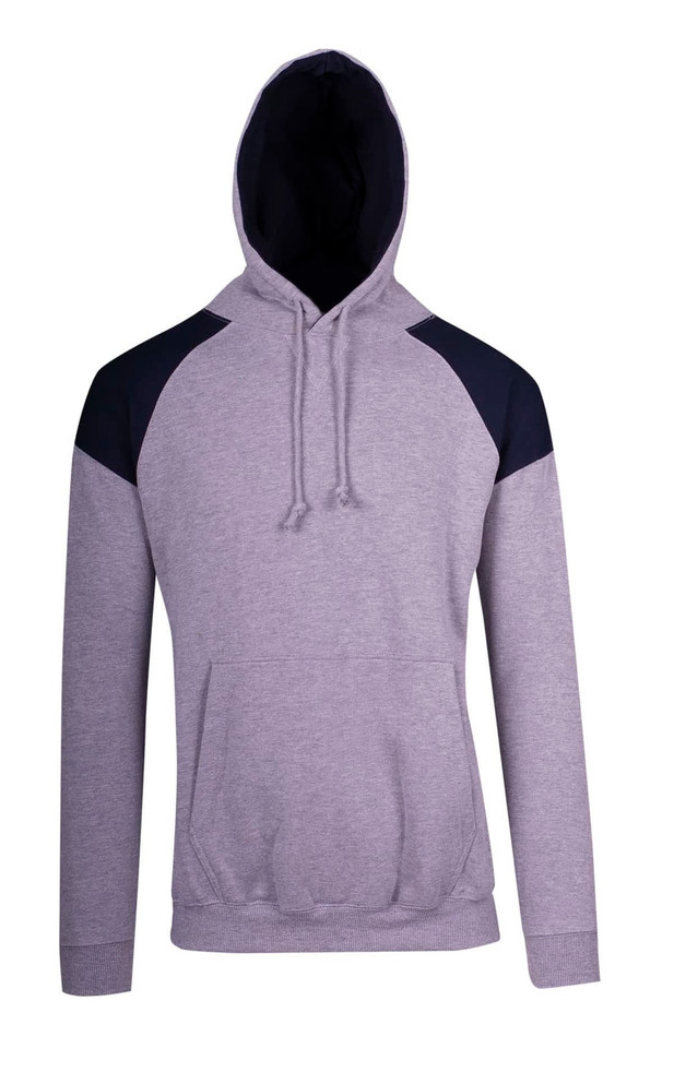 A grey hoodie with contrasting black shoulder panels and a hood, featuring a front pocket and a logo.