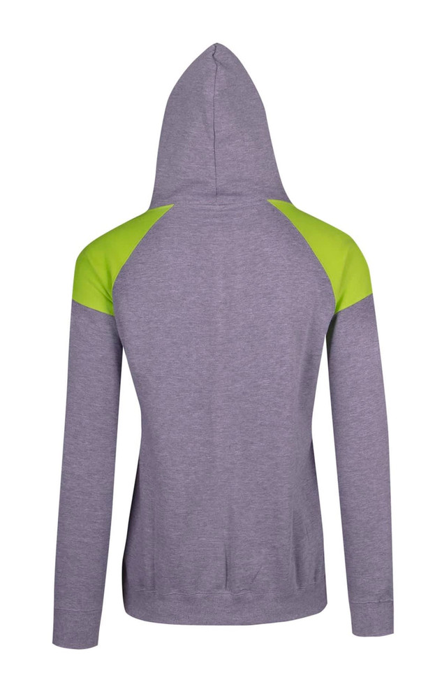 A grey hoodie with contrasting lime green shoulder panels and a hood, featuring a logo.