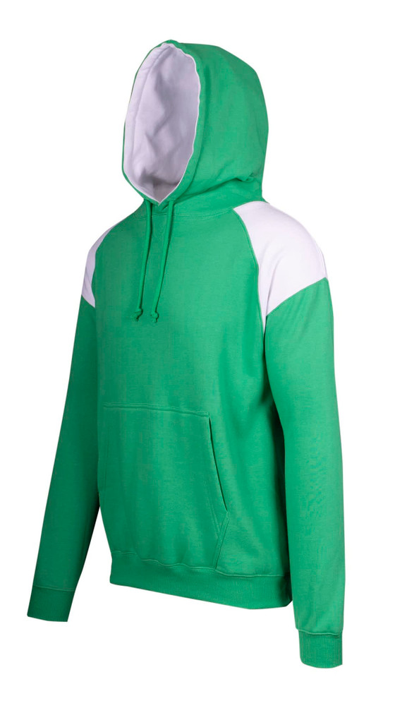 A green men's hoodie with white contrast panels and a front pocket, featuring a hood and drawstrings.