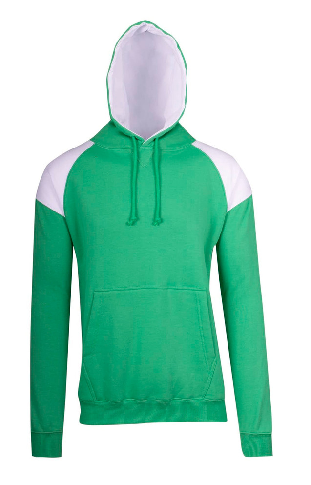 A green hoodie featuring contrasting white shoulder panels and a front pocket. It has a drawstring hood.