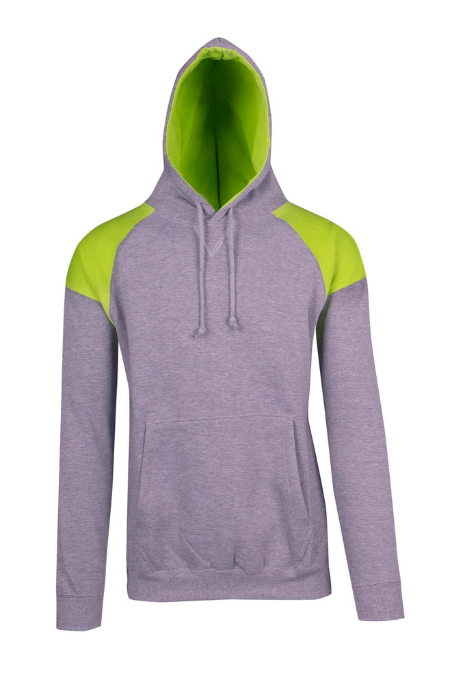 A grey hoodie with a contrast bright green panel on the shoulders, featuring a hood and front pocket.