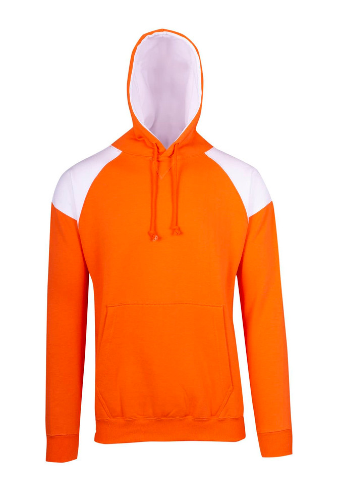 An orange hoodie with white contrast panels and a front pocket, featuring a drawstring hood and a logo.