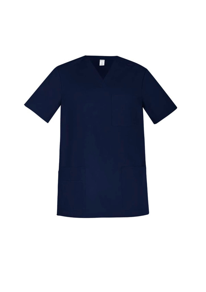 A navy blue men's scrub top featuring short sleeves and multiple pockets. It has a branded logo.