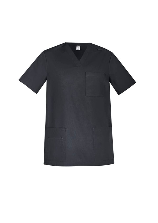 A black men's scrub top featuring short sleeves and multiple pockets. It includes a logo on the front.
