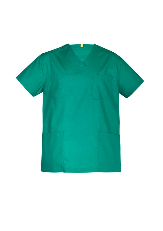A unisex reversible scrub top in a vibrant teal colour, featuring a pocket and a logo.