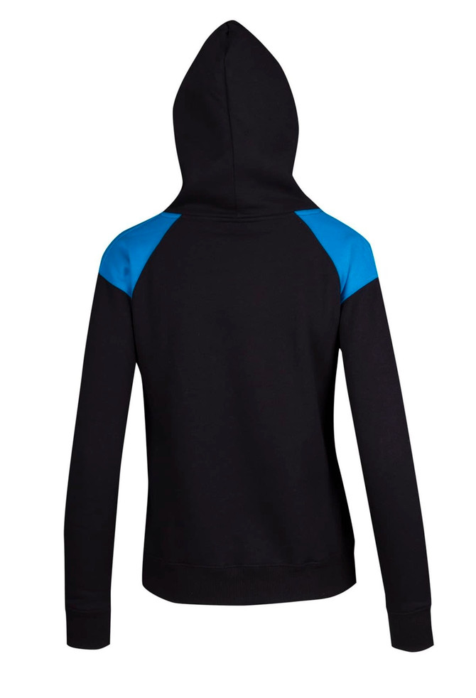 A black hoodie with blue contrast panels on the shoulders, featuring a hood and a logo.