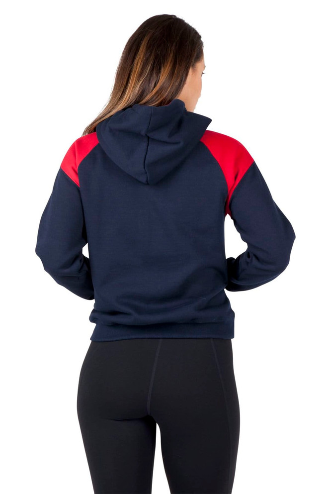 A navy and red women's hoodie featuring a shoulder contrast panel and a front pocket, alongside a hood.
