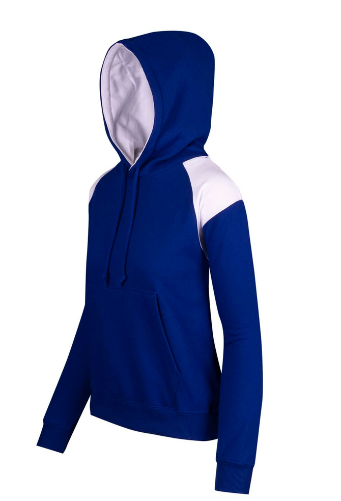 A blue and white women's juniors shoulder contrast panel hoodie with a front pocket and a drawstring hood.