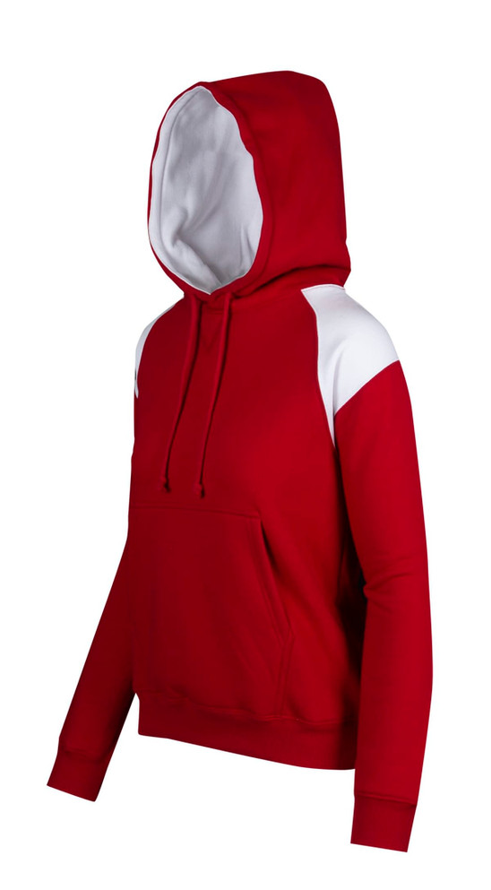 A red hoodie with white contrast panels and a front pocket, featuring a hood and long sleeves.