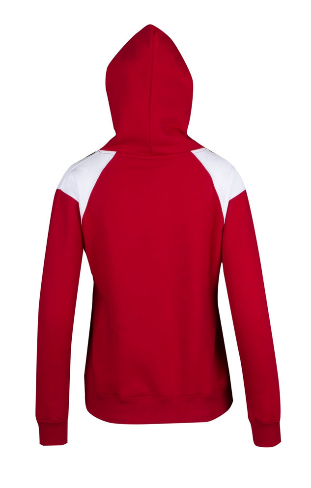 A red hoodie featuring white contrast panels on the shoulders and a hood. Includes a logo on the garment.