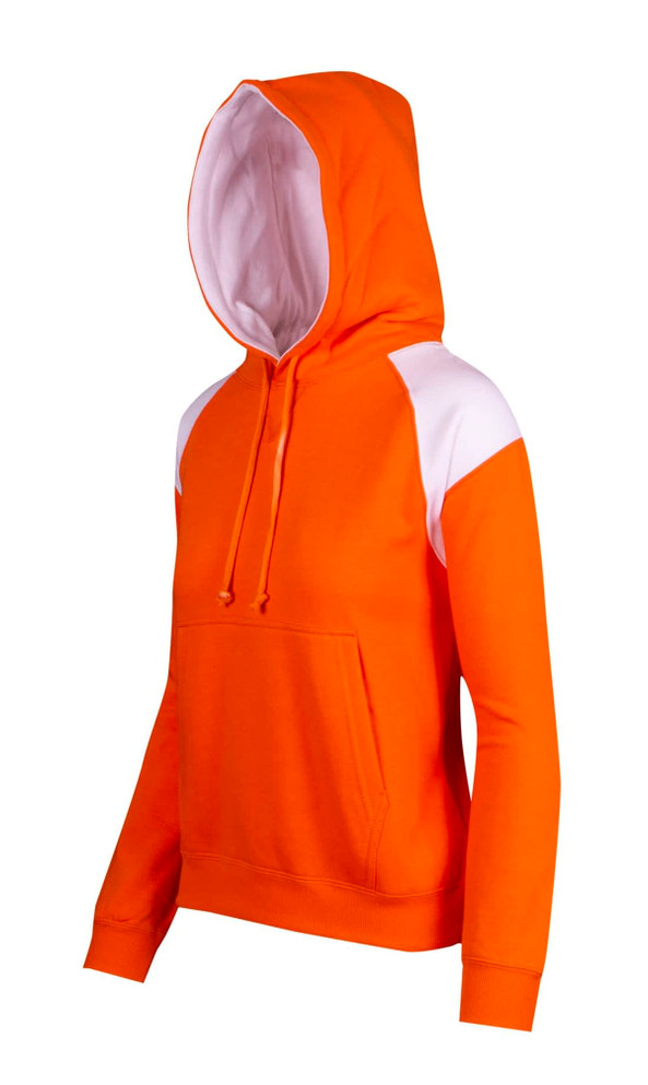An orange hoodie featuring white contrast panels, a front pocket, and a drawstring hood. It has a logo.