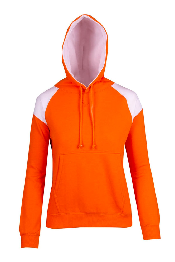 An orange hoodie featuring white contrast panels and a front pocket, with a drawstring hood.