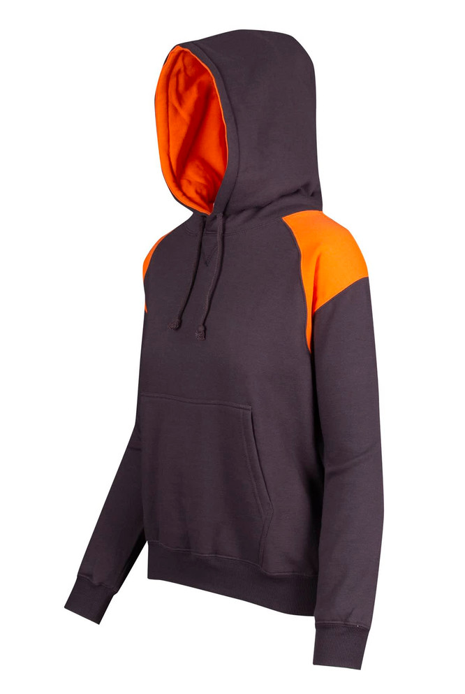 A grey hoodie with orange contrast panels and a front pocket, featuring a hood and long sleeves.