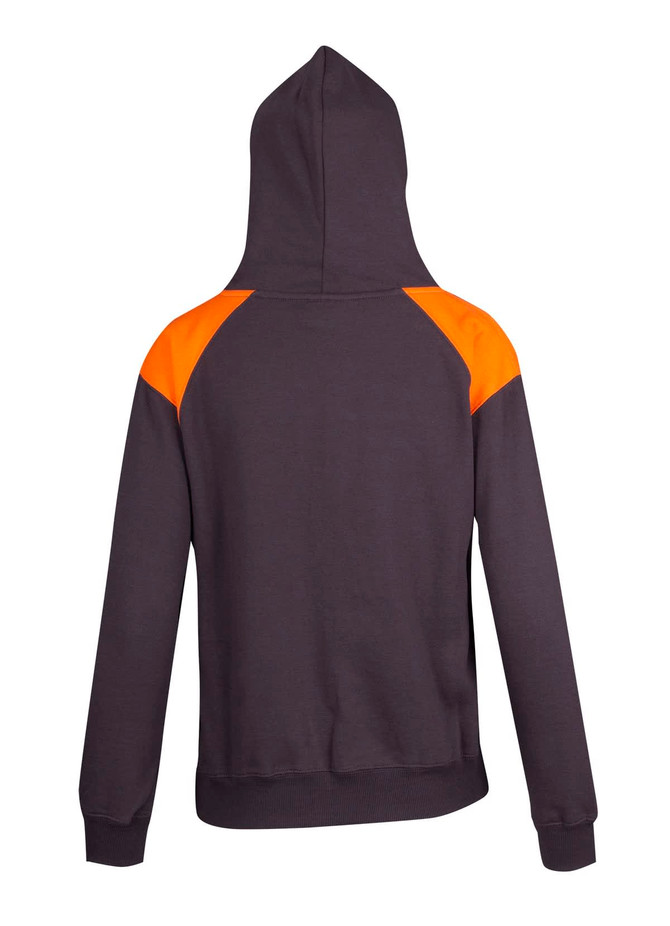 A dark grey hoodie with orange contrast panels on the shoulders and a hood. Features a logo on the back.
