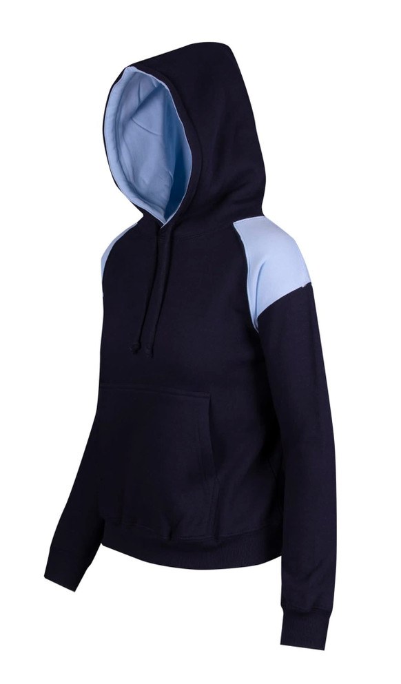 A navy and light blue women's juniors shoulder contrast panel hoodie with a kangaroo pocket and hood. Features a logo.