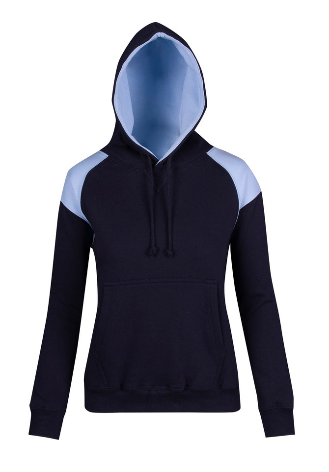 A navy hoodie with light blue contrast panels, featuring a hood and long sleeves. Includes a logo on the front.