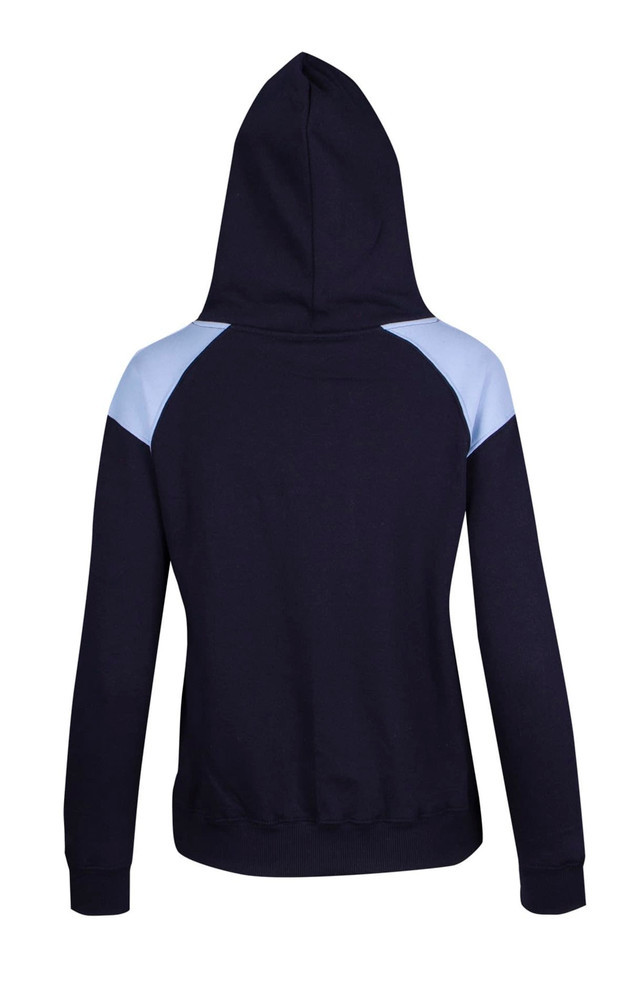 A navy hoodie with light blue contrast panels on the shoulders, featuring a hood and ribbed cuffs.