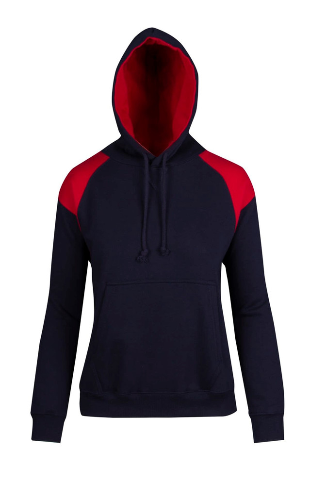 A navy blue hoodie with red contrast panels and a hood. It features a front pocket and has a logo.