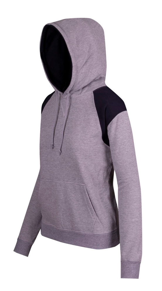 A women's juniors grey hoodie with black contrast panels and a front pocket, featuring an adjustable drawstring hood.